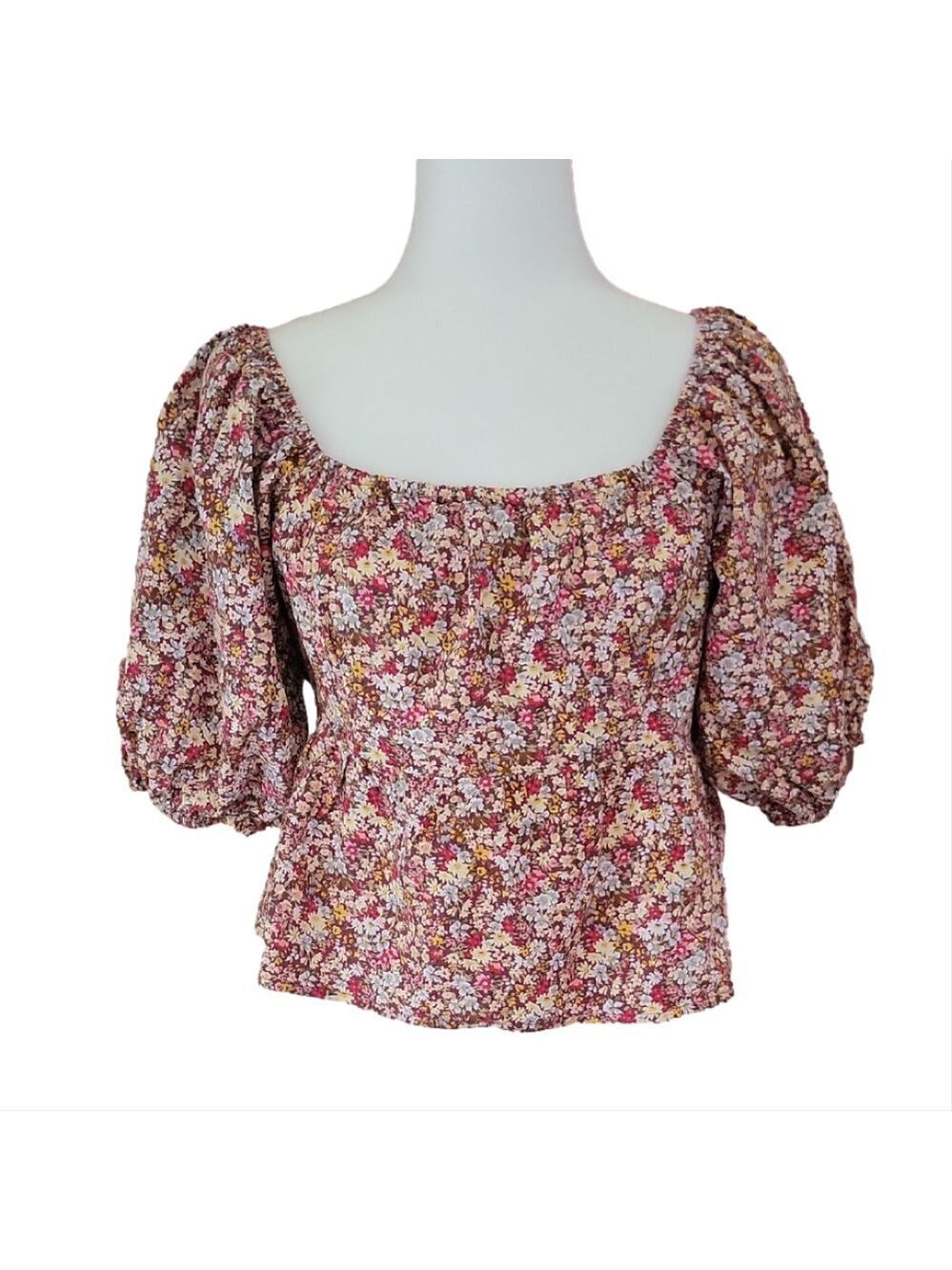 Sim & Sam Floral Shirred Puff Sleeve Off Shoulder Crop Baby Doll Top Size XL EUC
